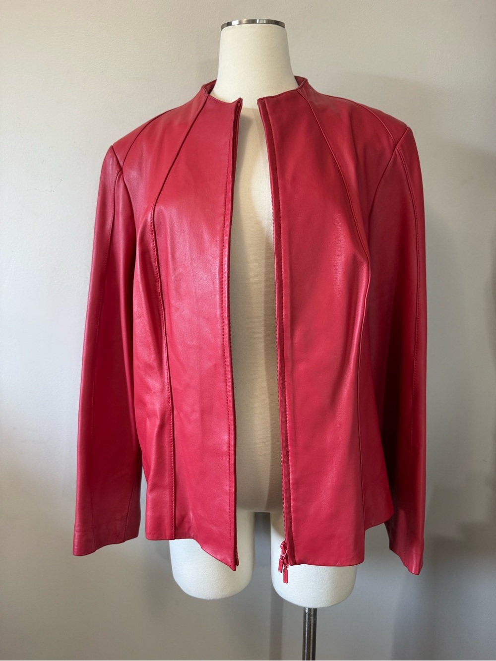 Danier Red Leather Collarless Zip Jacket
